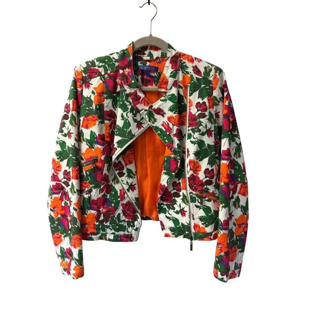 Twiggy London Floral Moto Jacket Crop Zip Denim Cotton Small
